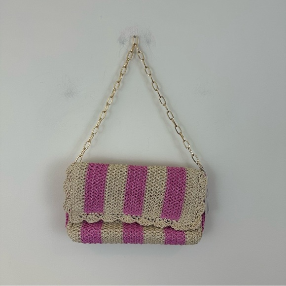 Shiraleah Pink and Cream Striped Sandy Paper Straw Shoulder Bag Chain Strap - Picture 2 of 7